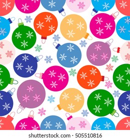 Winter seamless pattern with variety colored Christmas balls with snowflakes on a white background.