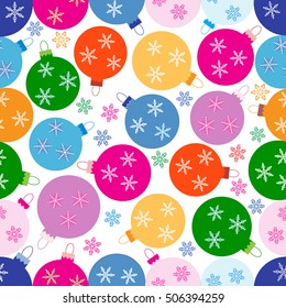Winter seamless pattern with variety colored Christmas balls with snowflakes on a white background.