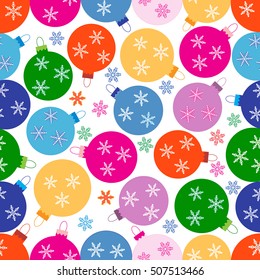 Winter seamless pattern with variety colored Christmas balls with snowflakes on a white background.