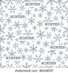 Winter seamless pattern with variety of snowflakes on a white background.