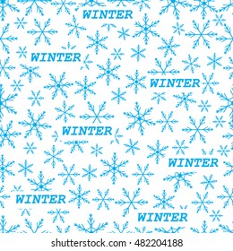 Winter seamless pattern with variety of snowflakes on a white background.