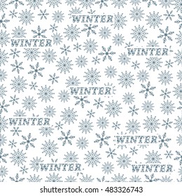 Winter seamless pattern with variety of snowflakes on a white background.