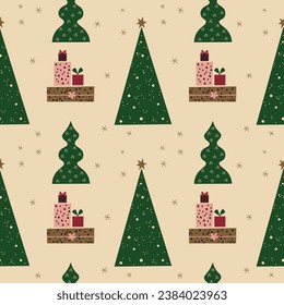 Winter seamless pattern with various decorative Christmas tree and gifts. Festive repeating background with New Year or Christmas ornament for congratulations, packaging, design, card, wrapping, print