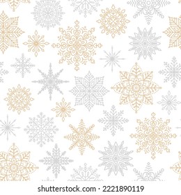 Winter seamless pattern with various delicate snowflakes. Christmas snow background. Seasonal vector illustration