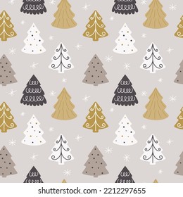 Winter seamless pattern with various hand drawn Christmas trees. Festive seamless background for winter and New Year holidays.