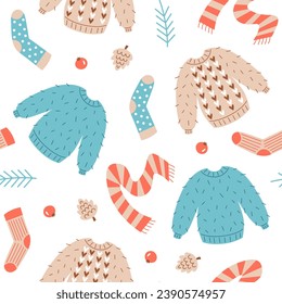 Winternahtloses Muster mit verschiedenen warmen Kleidungsstücken und natürlichen Elementen. Pullover, Schal, Sock, Kegel, Beeren und Tanne. Mode oder Kleidungshintergrund in Pastellfarben. Vektorgrafik.