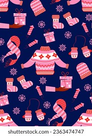 Winter seamless pattern. Vector background of winter accessories in flat style. Sweater, gloves, socks and other elements are pink with ornaments.