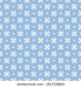 Winter seamless pattern. Vector geometric background with small stylized snowflakes, diamonds. Christmas and New Year texture. Elegant blue minimal ornament. Repeat design for decor, wrap, wallpapers