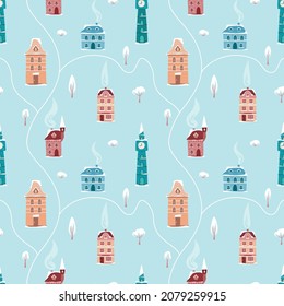 Winter seamless pattern with vintage houses. Winter holidays, Christmas or New Year concept. Vector illustration background