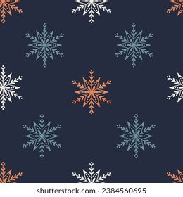 Winternahtloses Muster mit alten Schneeflocken. Elegantes klassisches Ornament mit Schnee auf dunklem Hintergrund. Wiederholen Sie Vektorgrafik für saisonales Design.
