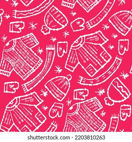 Winter seamless pattern with warm clothes. Vector illustration