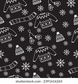 Winter seamless pattern. Warm clothes. Lineart. Christmas and New Year. Vector.