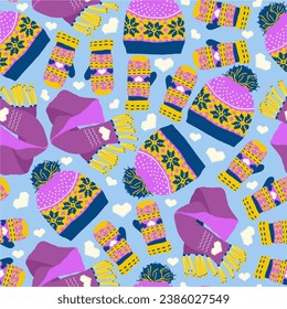 Winter seamless pattern with Warm knitted clothes. Violet and yellow Winter accessories, mittens, cap, scarf.