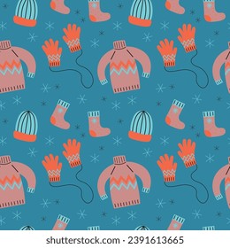 Winter seamless pattern with warm knitted accessories hand drawn flat vector illustration. Repeating vintage background with hat, sweater, scarf, gloves, snowflakes, winter holiday decorative ornament