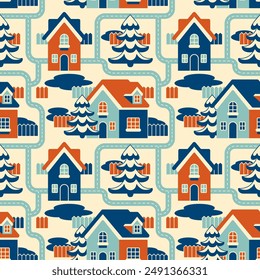 Winter seamless pattern with whimsical retro village. Houses in snow. Christmas landscape background for home decor. Vintage holiday town. Fun xmas map. Limited palette, cream tone color