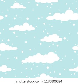 Winter Seamless pattern with white clouds and flat snowflakes and dots on blue sky.  New Year backdrop. Vector Christmas background for fabric, textile, wrapping paper, card, invitation, wallpaper.