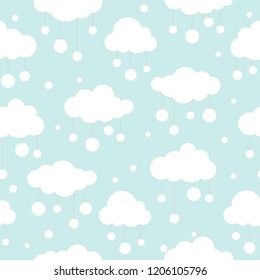 Winter Seamless pattern with white clouds, snow balls and dots on blue sky.  New Year backdrop. Vector Christmas background for fabric, textile, wrapping paper, card, invitation, wallpaper.