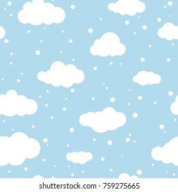 Winter Seamless pattern with white clouds and flat snowflakes and dots on blue sky.  New Year backdrop. Vector Christmas background for fabric, textile, wrapping paper, card, invitation, wallpaper.
