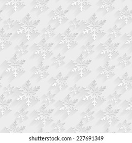 Winter seamless pattern with white flat snowflakes on white background. Vector illustration.