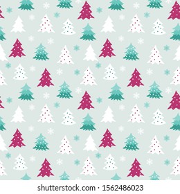 Winter seamless pattern with white green and purple varied christmas trees and snowflakes. Graphic design element for wrapping paper, prints, scrapbooking, simple cartoon EPS10 vector.