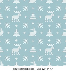 Winter Seamless Pattern with White Knitted Holiday Elements. Christmas Geometric Background. Deer, Hare, Snowflake, Fir Tree. Template. Vector on Light Blue Background