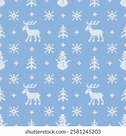 Winter Seamless Pattern with White Knitted Holiday Elements. Christmas Geometric Background. Deer, Snowman, Snowflake, Fir Tree. Template. Vector on Blue Background