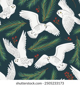 Winter seamless pattern with white owls and spruce branches with a dark background, hand drawn vector illustration 