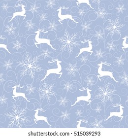 winter seamless pattern with white reindeer and snowflakes on blue background