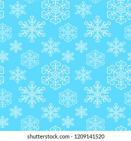 Winter seamless pattern with white snowflakes on blue background. Endless ornament with snow for banner, greeting card, paper packaging, invitation. Vector illustration.