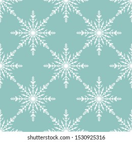 Winter seamless pattern with white snowflakes on blue background. New Year backdrop. Vector flat symmetric Christmas ornament for fabric, textile, wrapping paper, card, invitation, wallpaper