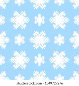 Winter seamless pattern with white snowflakes on blue background. Vector illustration for fabric, textile wallpaper, posters, gift wrapping paper. Christmas vector illustration. 
