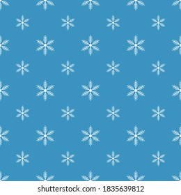 Winternahtloses Muster mit weißen Schneeflocken auf blauem Hintergrund. Vektorgrafik für Gewebe, Tapete aus Spinnstoffen, Poster, Geschenkpapier. Weihnachtsvektorgrafik.