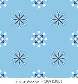 Winternahtloses Muster mit weißen Schneeflocken auf blauem Hintergrund. Vektorgrafik für Gewebe, Textilien, Karten, Poster, Papier. Weihnachtsvektorgrafik. Feriendekoration.