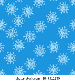 Patrón invernal sin fisuras con copos de nieve blancos sobre fondo azul. Ilustración vectorial para tela, papel de pared textil, carteles, papel de envoltura de regalo. Ilustración vectorial de Navidad.