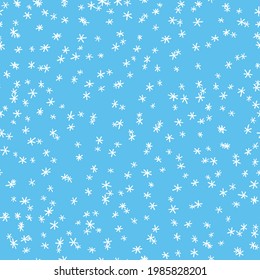 Winter seamless pattern with white snowflakes on blue background. Vector illustration for fabric, textile wallpaper, posters, gift wrapping paper. Christmas vector illustration.