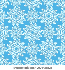 Winter seamless pattern with white snowflakes on blue background. Vector illustration for fabric, textile wallpaper, posters, gift wrapping paper. Christmas vector illustration.
