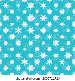 Winternahtloses Muster mit weißen Schneeflocken auf blauem Hintergrund. Vektorgrafik für Gewebe, Tapete aus Spinnstoffen, Poster, Geschenkpapier. Weihnachtsvektorgrafik. Schneefall.