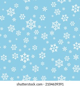 Patrón invernal sin fisuras con copos de nieve blancos sobre fondo azul. Ilustración vectorial para tela, papel de pared textil, carteles, papel de envoltura de regalo. Ilustración vectorial de Navidad. Cae la nieve.