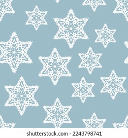 Winter seamless pattern with white snowflakes on blue background. Vector illustration for fabric, textile wallpaper, posters, gift wrapping paper. Christmas vector illustration. Falling snow.