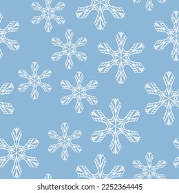 Winter seamless pattern with white snowflakes on blue background. Vector illustration for fabric, textile wallpaper, posters, gift wrapping paper. Christmas vector illustration. Falling snow.