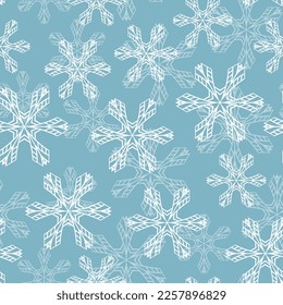 Winternahtloses Muster mit weißen Schneeflocken auf blauem Hintergrund. Vektorgrafik für Gewebe, Tapete aus Spinnstoffen, Poster, Geschenkpapier. Weihnachtsvektorgrafik. Schneefall.