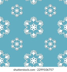 Winter seamless pattern with white snowflakes on blue background. Vector illustration for fabric, textile wallpaper, posters, gift wrapping paper. Christmas vector illustration. Falling snow.