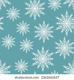 Winter seamless pattern with white snowflakes on blue background. Vector illustration for fabric, textile wallpaper, posters, gift wrapping paper. Christmas vector illustration. Falling snow.