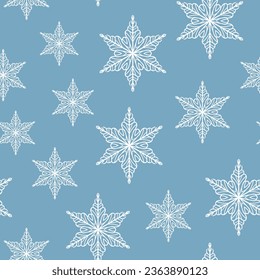 Patrón invernal sin fisuras con copos de nieve blancos sobre fondo azul. Ilustración vectorial para tela, papel de pared textil, carteles, papel de envoltura de regalo. Ilustración vectorial de Navidad. Cae la nieve.