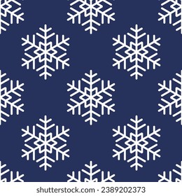 Patrón invernal sin fisuras con copos de nieve blancos sobre fondo azul. Ilustración vectorial para tela, papel de pared textil, carteles, papel de envoltura de regalo. Ilustración vectorial de Navidad. Cae la nieve.
