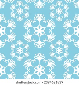 Winter seamless pattern with white snowflakes on blue background. Vector illustration for fabric, textile wallpaper, posters, gift wrapping paper. Christmas vector illustration. Falling snow.
