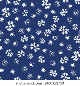 Winternahtloses Muster mit weißen Schneeflocken auf Farbhintergrund. Vektorgrafik für Gewebe, Tapete aus Spinnstoffen, Poster, Geschenkpapier. Weihnachtsvektorgrafik. Schneefall.