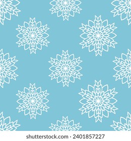 Winternahtloses Muster mit weißen Schneeflocken auf blauem Hintergrund. Vektorgrafik für Gewebe, Tapete aus Spinnstoffen, Poster, Geschenkpapier. Weihnachtsvektorgrafik. Schneefall.