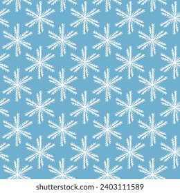 Patrón invernal sin fisuras con copos de nieve blancos sobre fondo azul. Ilustración vectorial para tela, papel de pared textil, carteles, papel de envoltura de regalo. Ilustración vectorial de Navidad.