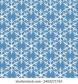 Winternahtloses Muster mit weißen Schneeflocken auf blauem Hintergrund. Vektorgrafik für Gewebe, Tapete aus Spinnstoffen, Poster, Geschenkpapier. Weihnachtsvektorgrafik.